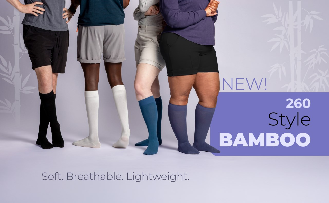 Four people wearing Sigvaris Style Bamboo compression socks